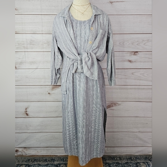 Picante Cotton Two Piece Midi Dress Set with Button Down in Blue and White Sz M - Picture 2 of 12